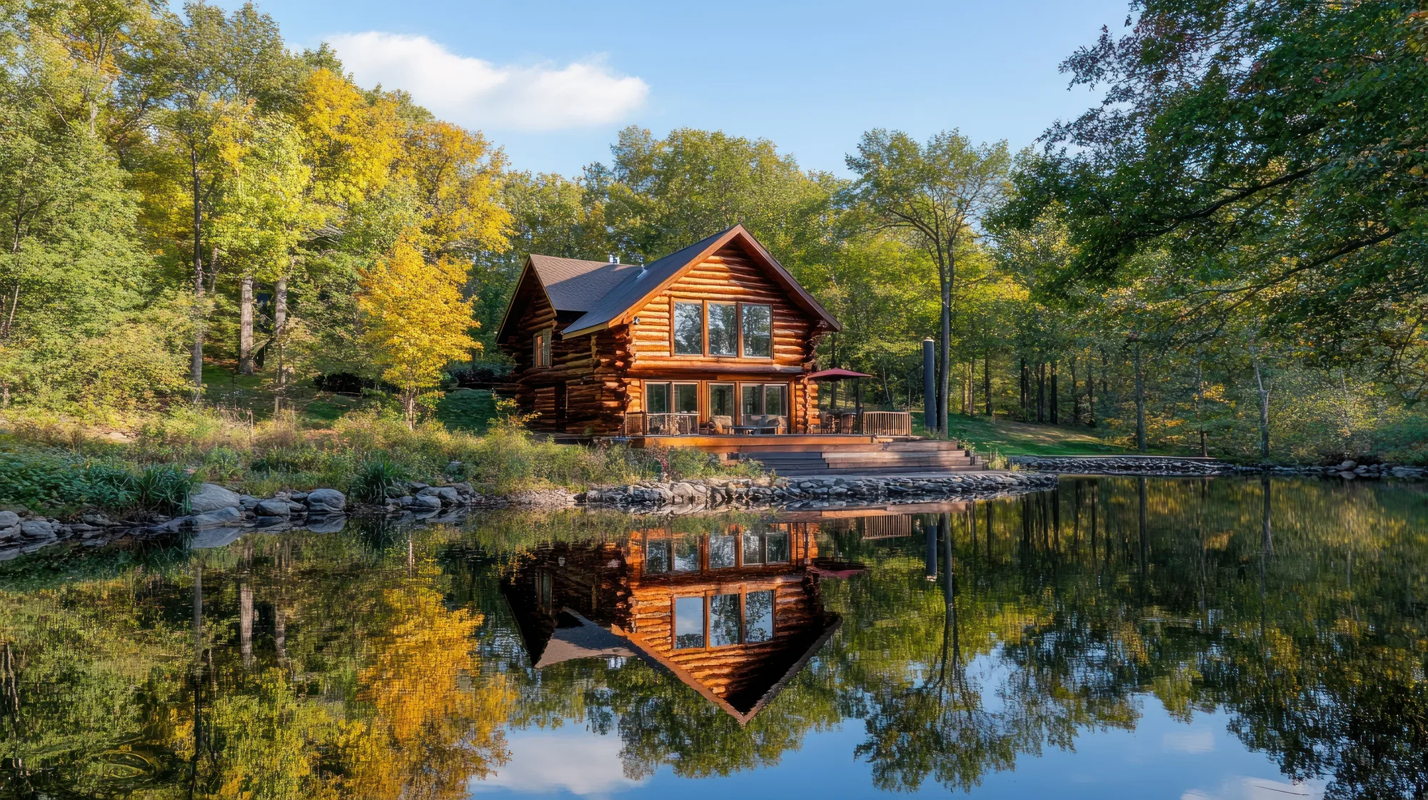Chalet en bois rond au bord d’un lac à l’automne